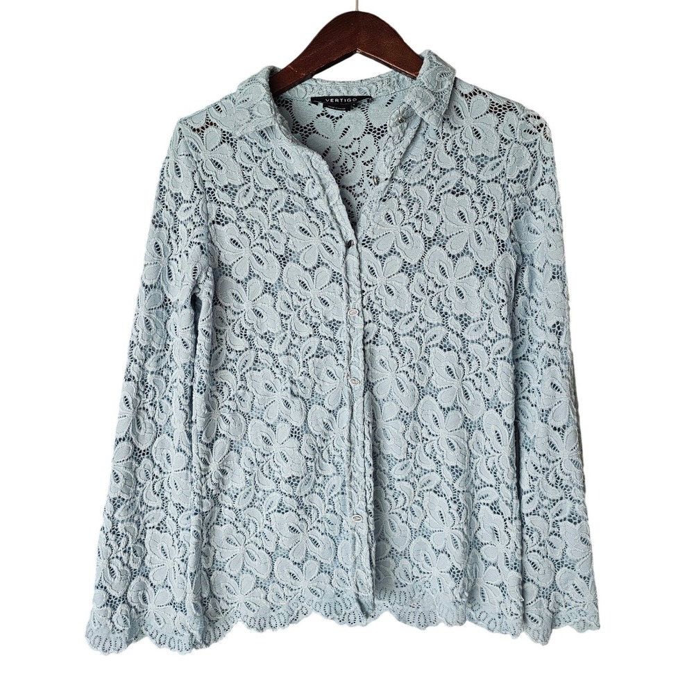 Vertigo Lace Button Down Top‎ Blouse Long Sleeve Collared Light Blue Size S